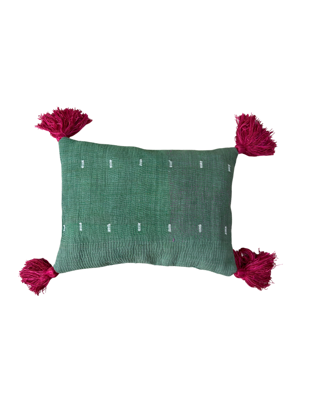 Kantha Lavender Pillow with Tassels - Green Cream