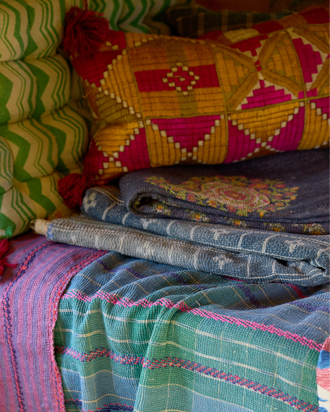 Pink Phulkhari Cushion Cover with Tassels