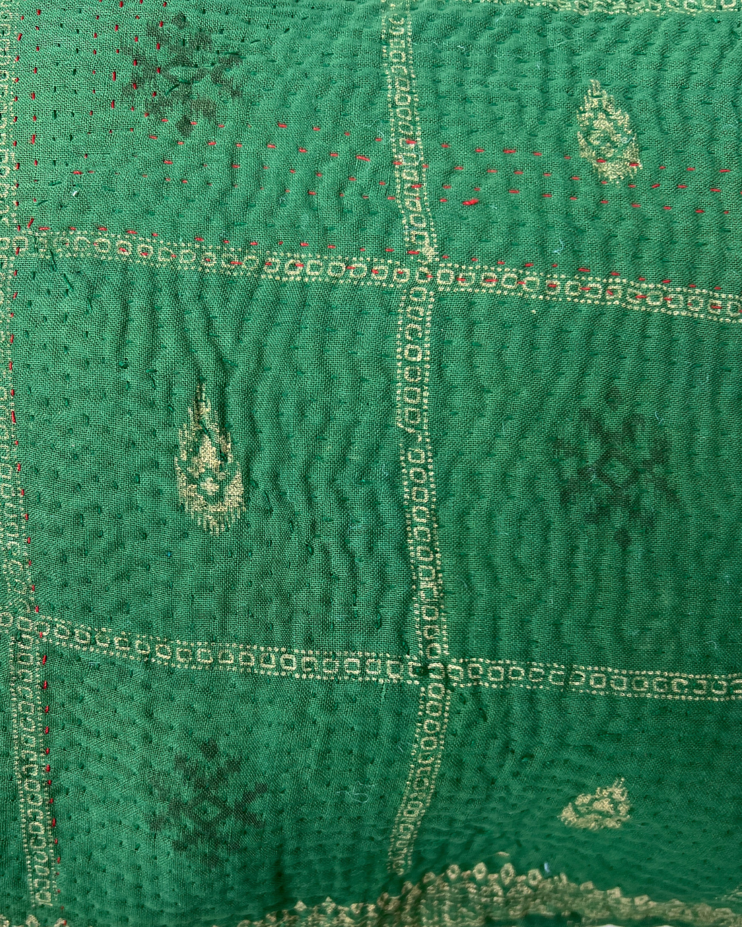 Kantha Lavender Pillow with Tassels - Green Gold