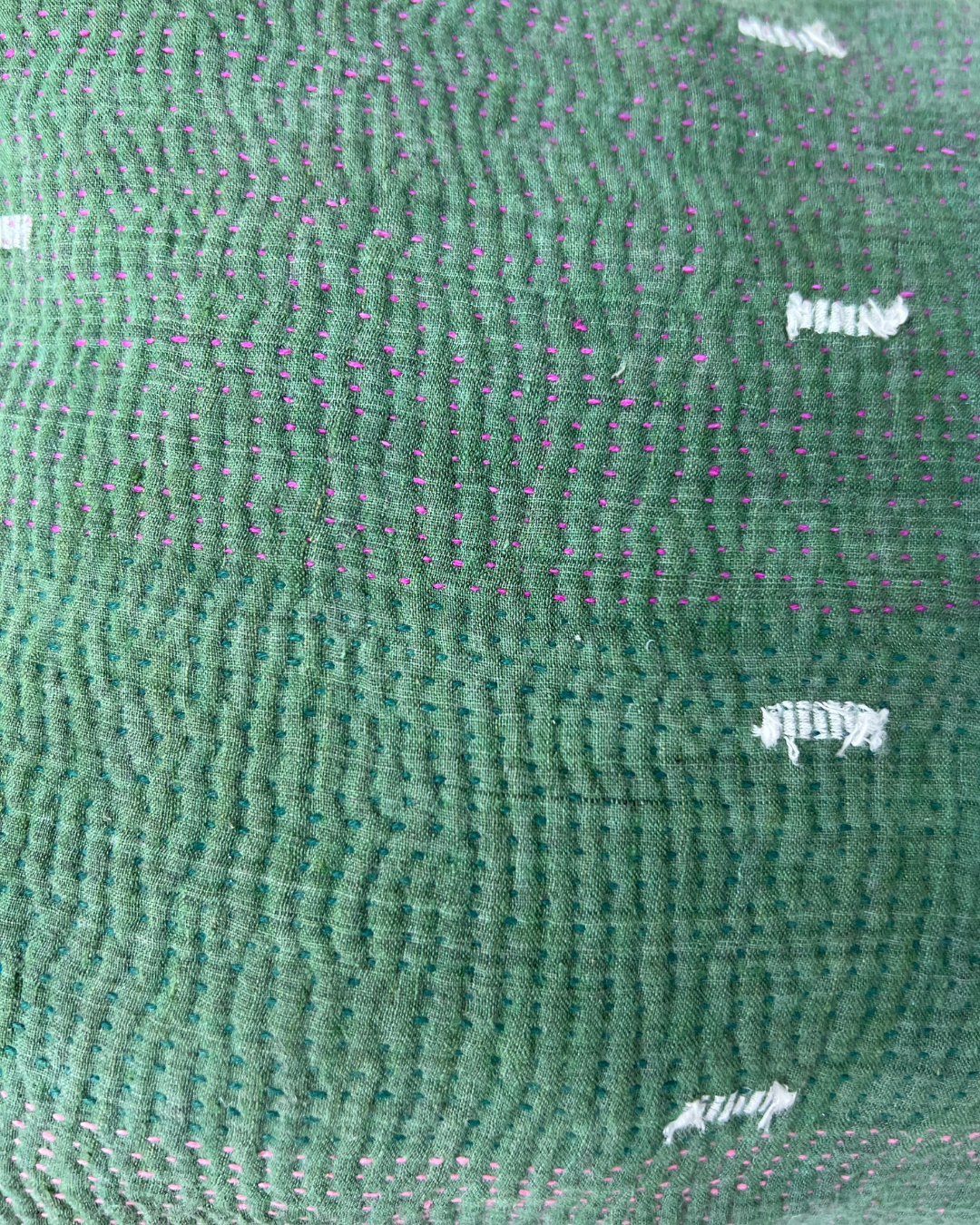 Kantha Lavender Pillow with Tassels - Green Cream