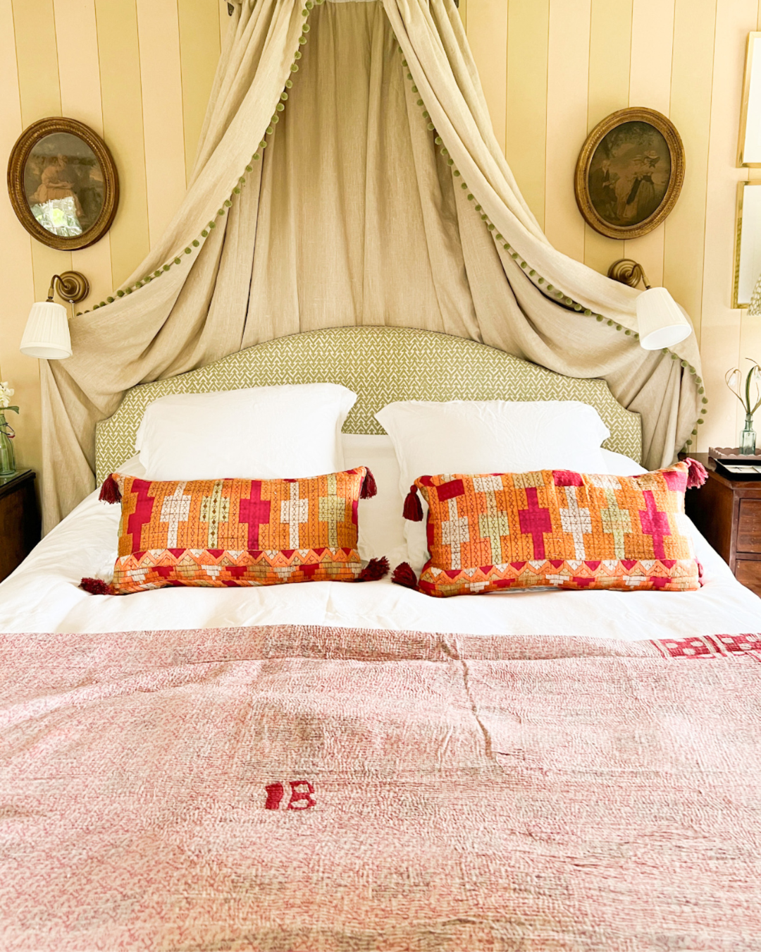 Pink Phulkhari Cushion Cover with Tassels