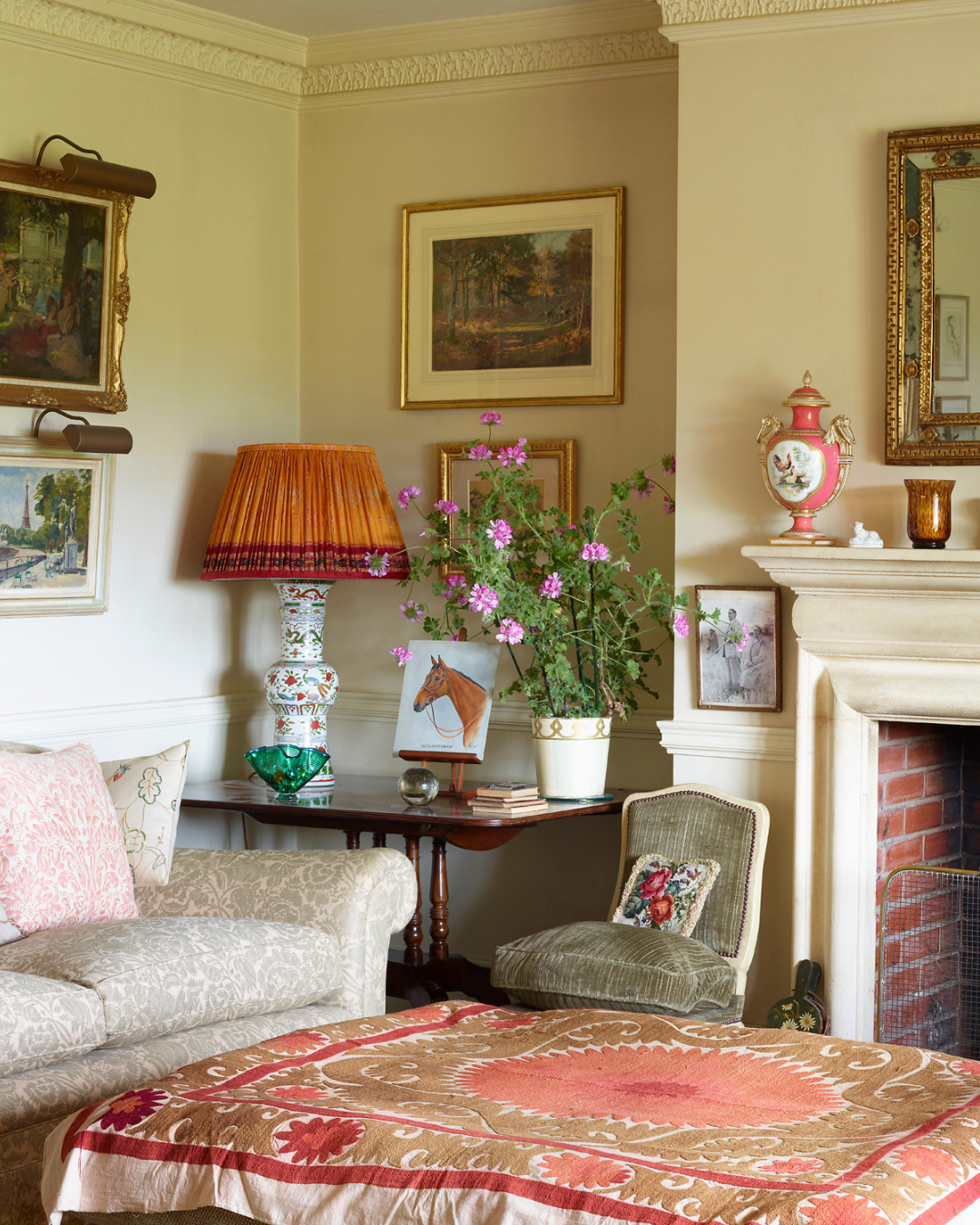 41cm Yellow, Pink & Green Silk Sari Lampshade