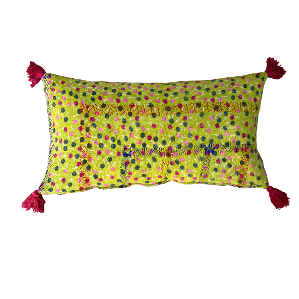 Lime & Lilac Kantha Cushion with Pink Tassels