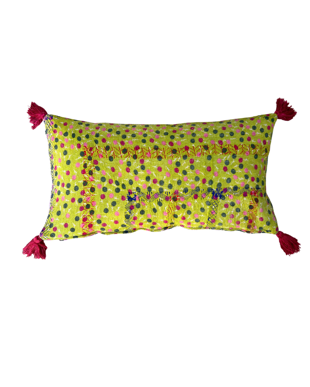 Lime & Lilac Kantha Cushion with Pink Tassels