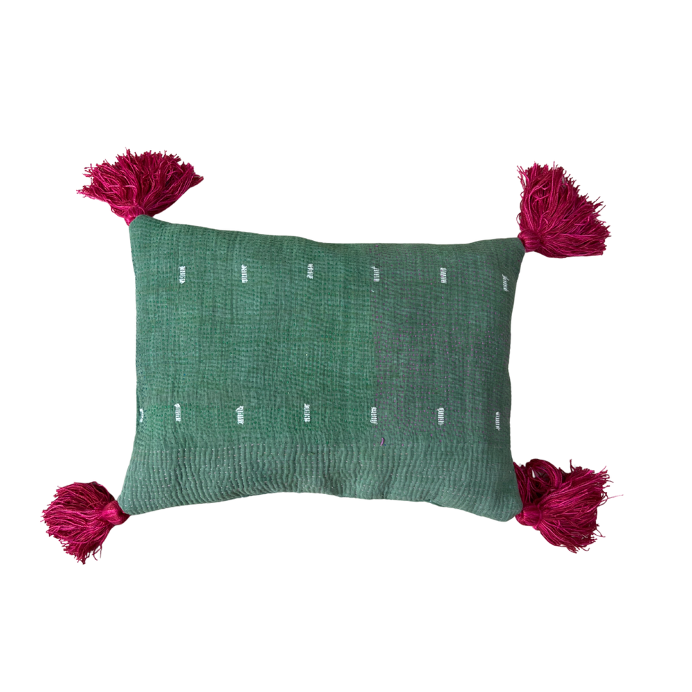 
                      
                        Kantha Lavender Pillow with Tassels - Green Cream
                      
                    