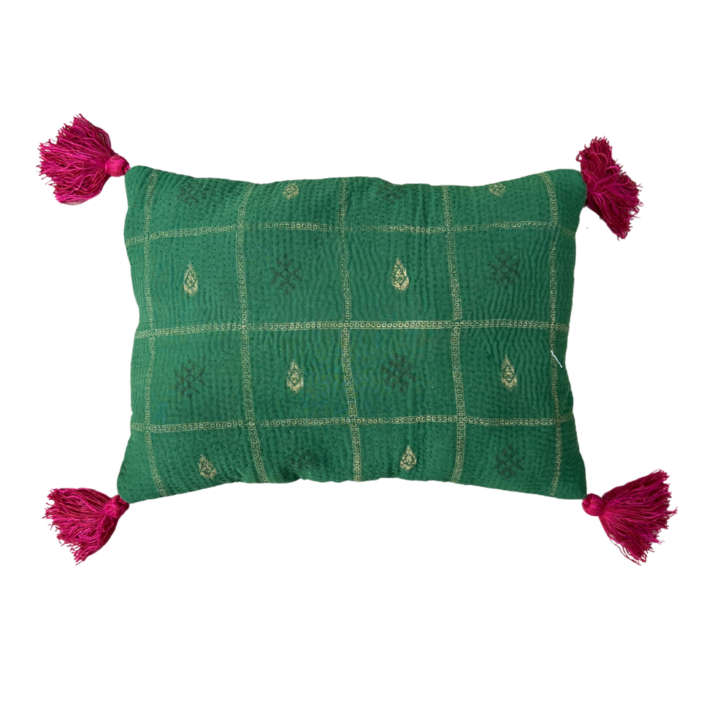 
                      
                        Kantha Lavender Pillow with Tassels - Green Gold
                      
                    