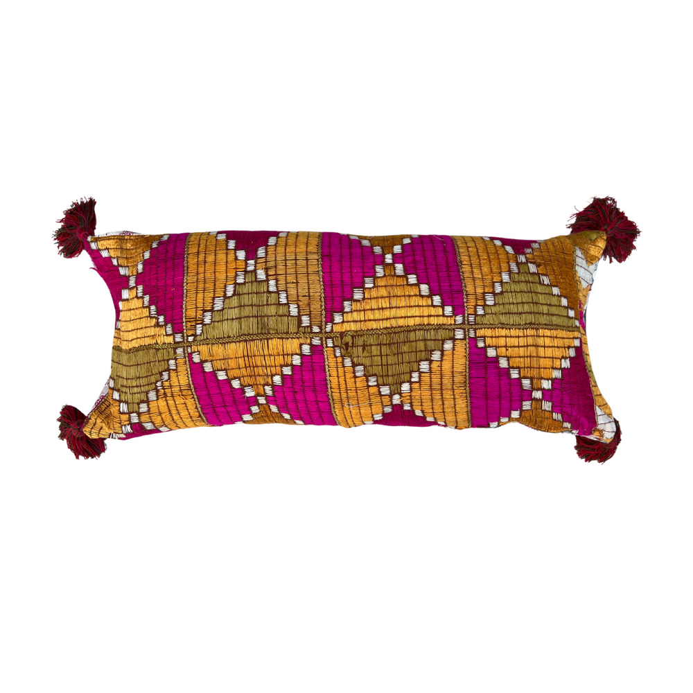 Phulkhari Cushion Cover with Tassels - Pink Small