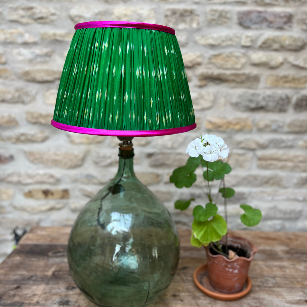 36cm Green Silk Sari Lampshade with Pink Satin Trim
