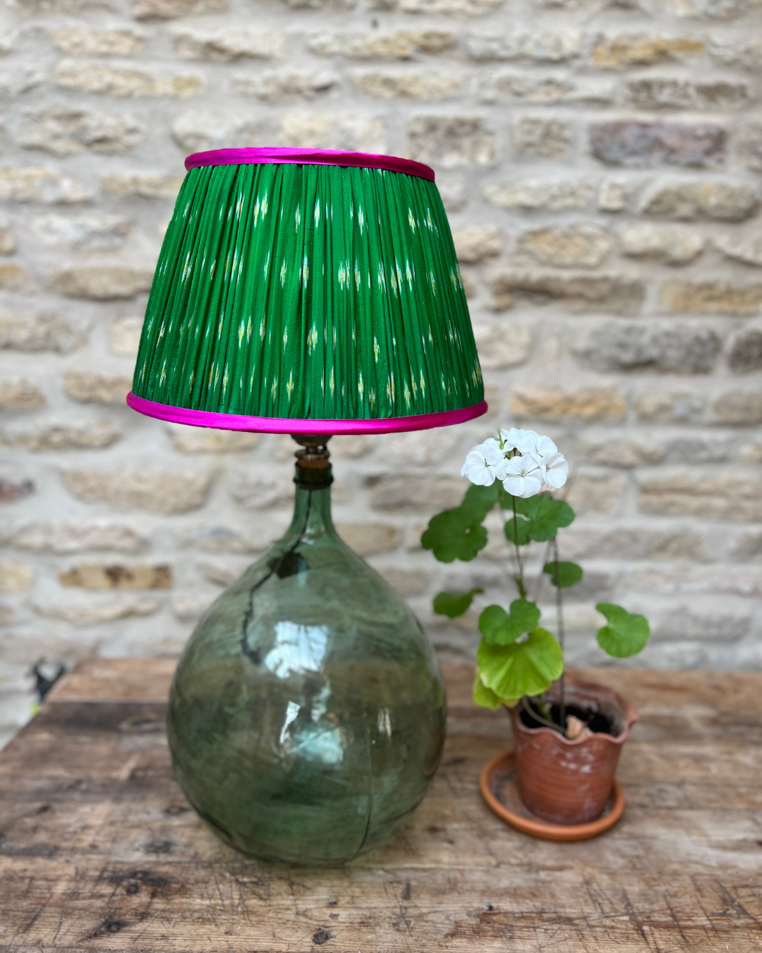 36cm Green Silk Sari Lampshade with Pink Satin Trim