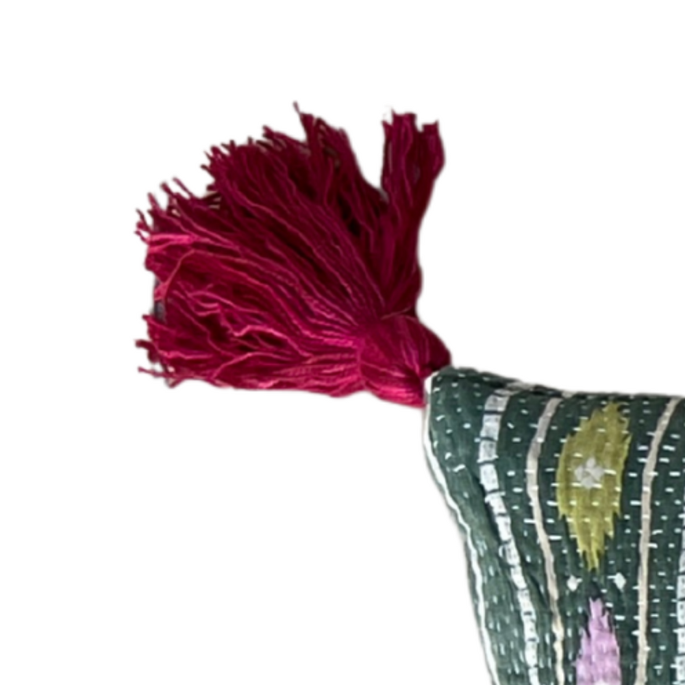 
                      
                        Lime & Lilac Kantha Cushion with Pink Tassels
                      
                    