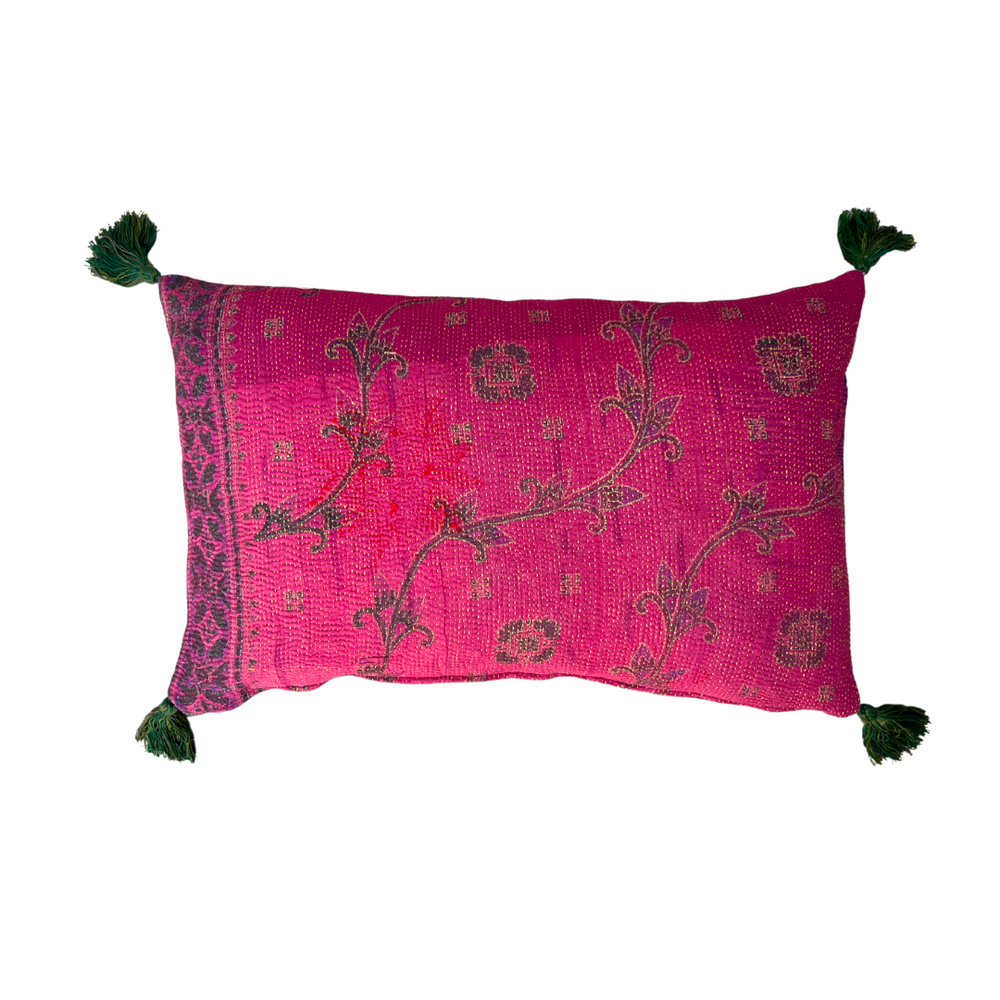 Pink & Purple Kantha Cushion with Green Tassels