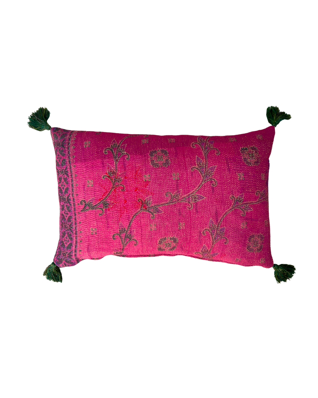 Pink & Purple Kantha Cushion with Green Tassels