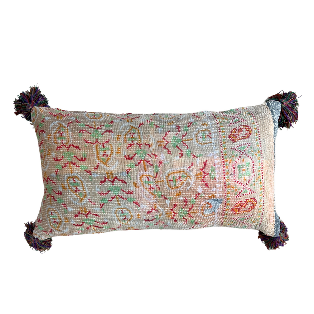 Peach Kantha Cushion Cover with Multi Colour Tassels