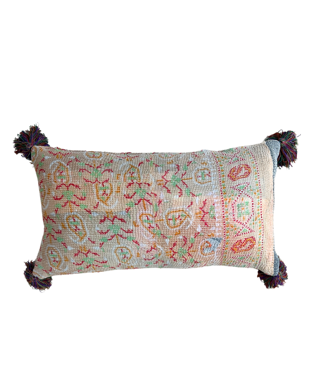 Peach Kantha Cushion Cover with Multi Colour Tassels