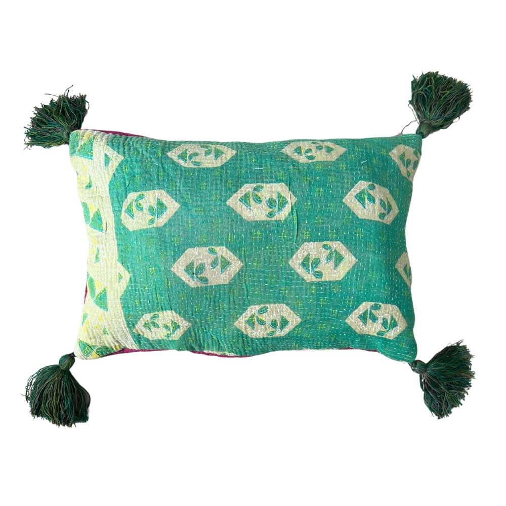 Kantha Lavender Pillow with Tassels - Green Pink