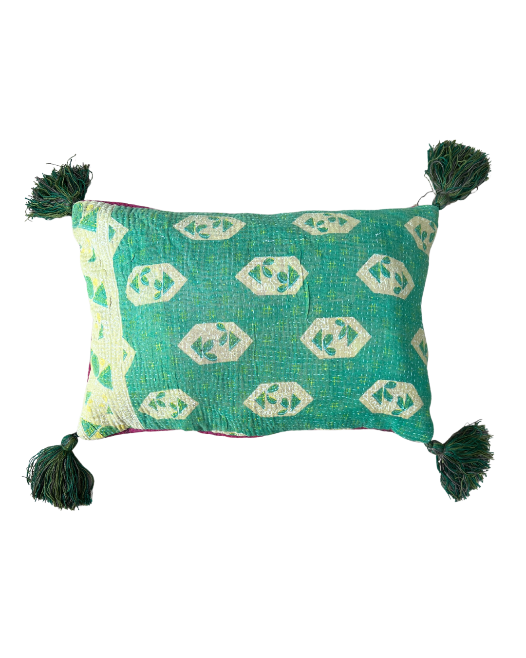 Kantha Lavender Pillow with Tassels - Green Pink