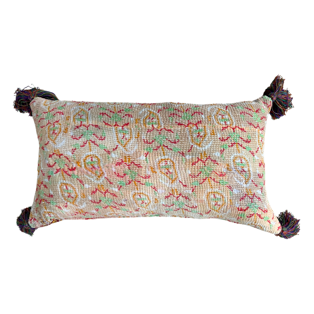 Peach Kantha Cushion Cover with Multi Colour Tassels