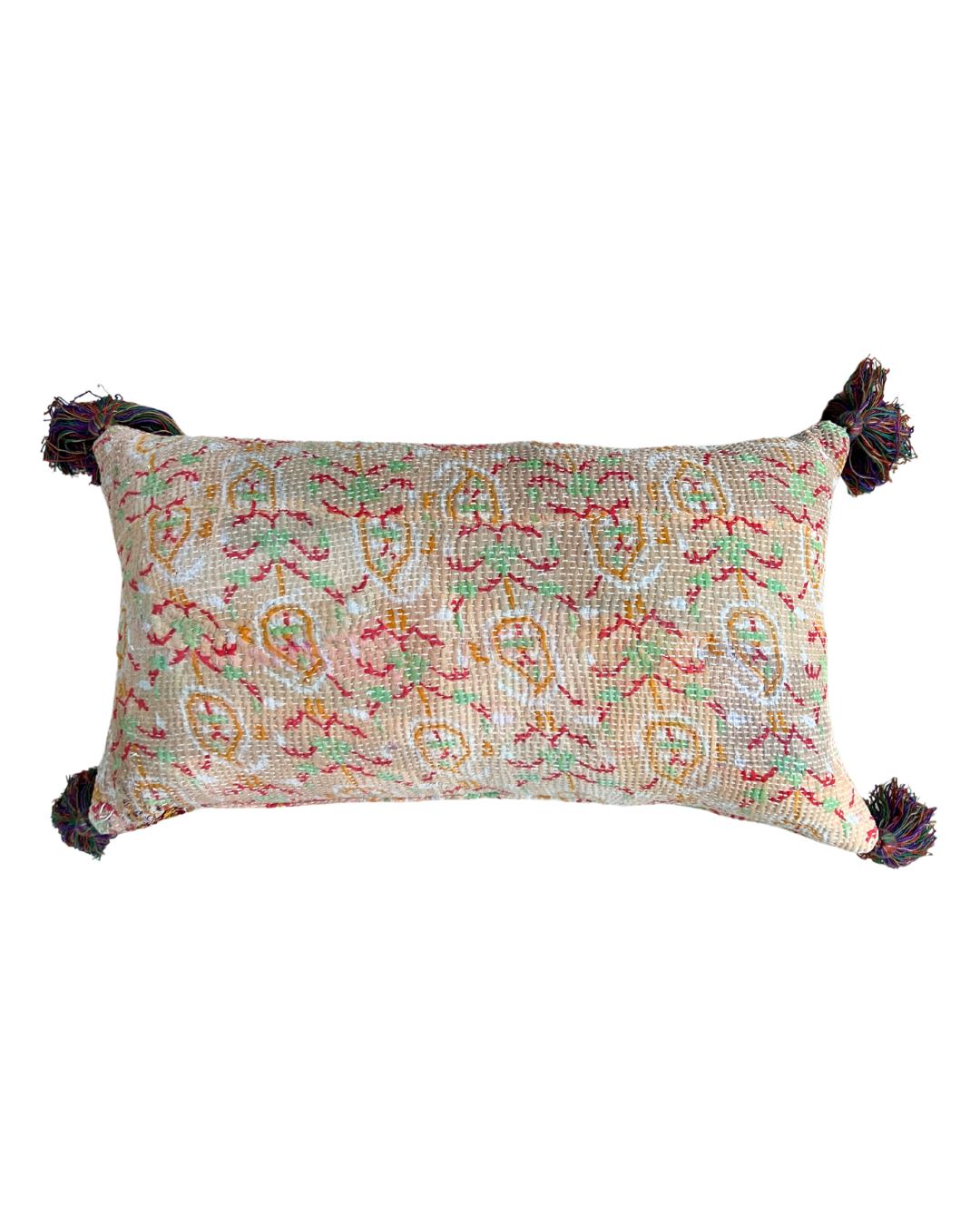 Peach Kantha Cushion Cover with Multi Colour Tassels