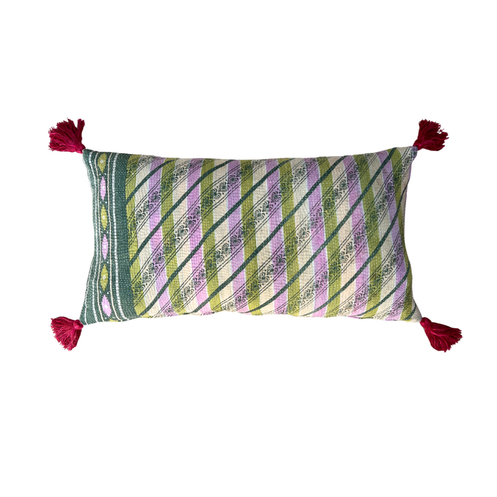 Lime & Lilac Kantha Cushion with Pink Tassels
