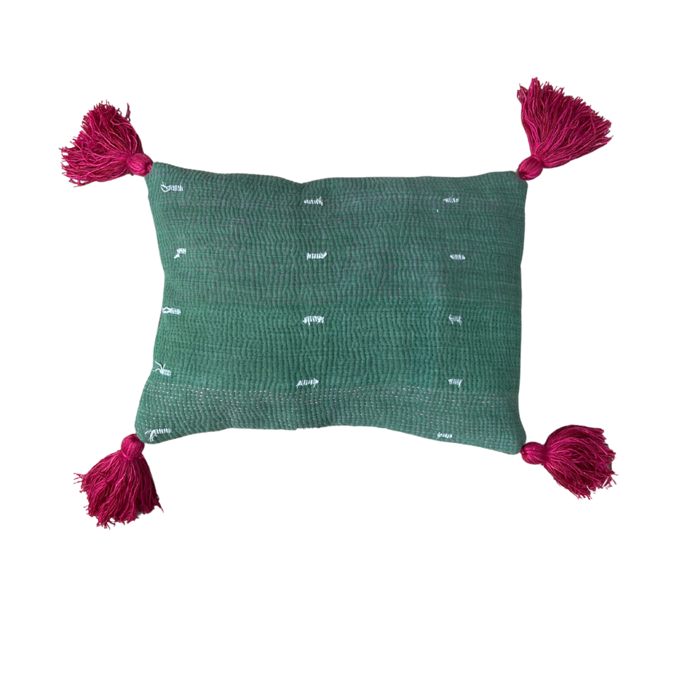 Kantha Lavender Pillow with Tassels - Green Cream