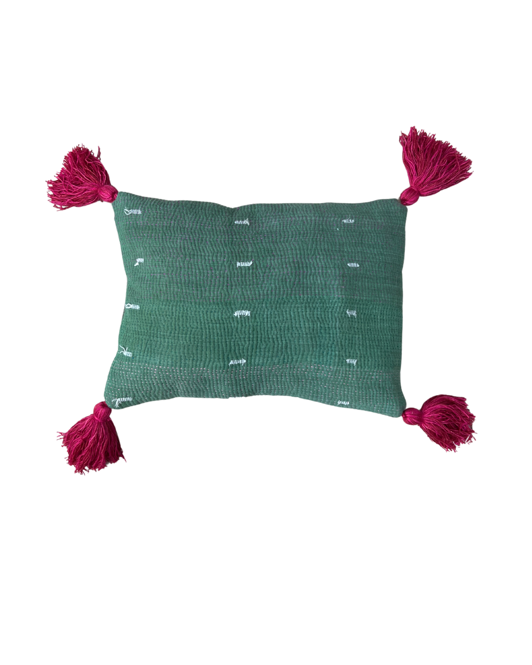 Kantha Lavender Pillow with Tassels - Green Cream