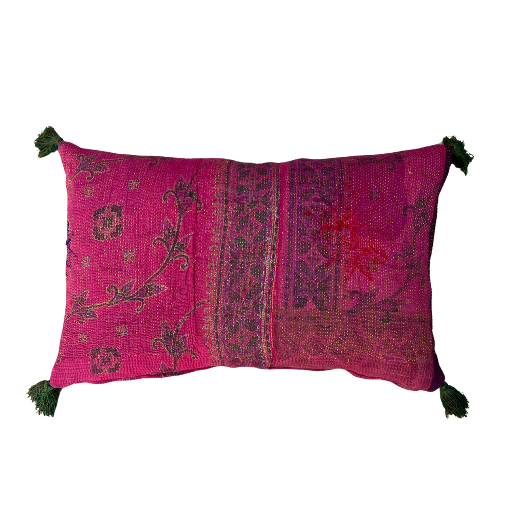 
                      
                        Pink & Purple Kantha Cushion with Green Tassels
                      
                    