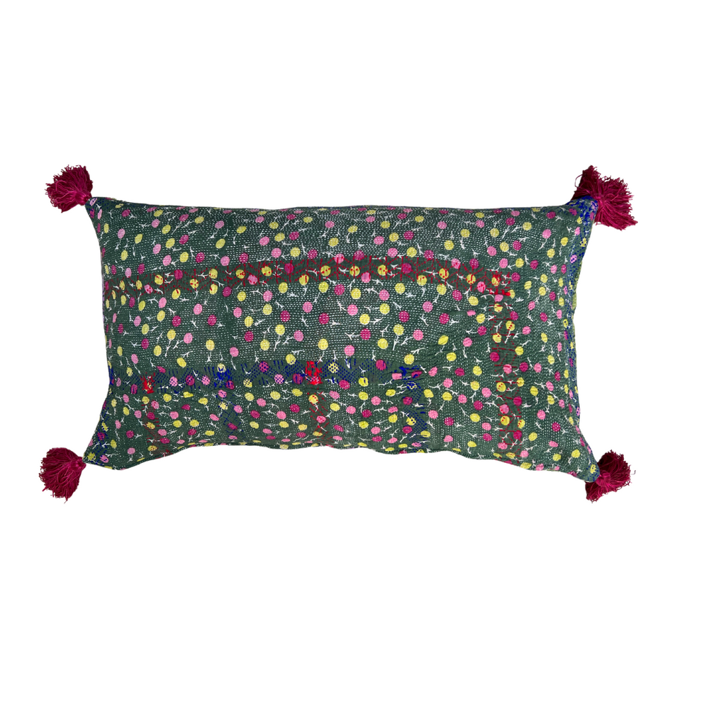 
                      
                        Lime & Lilac Kantha Cushion Cover with Pink Tassels
                      
                    