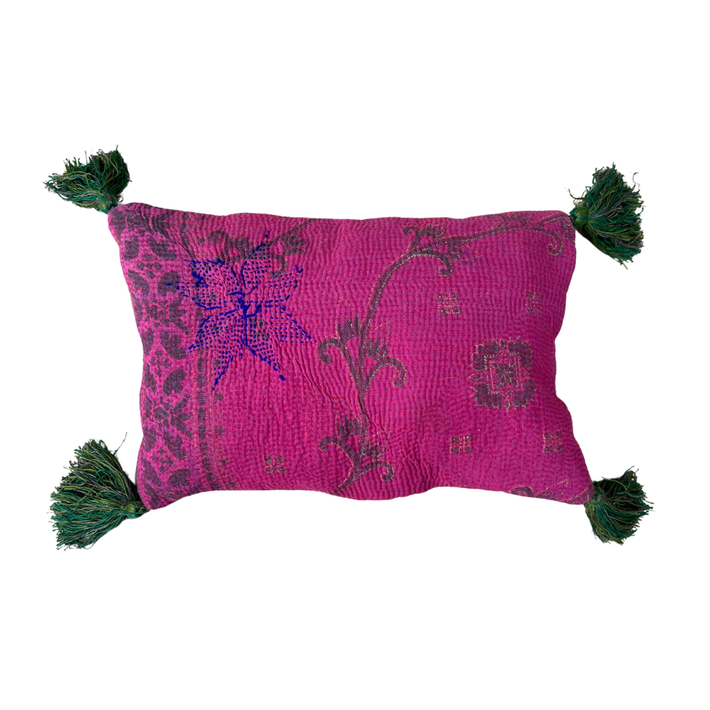 Kantha Lavender Pillow with Tassels - Green Pink