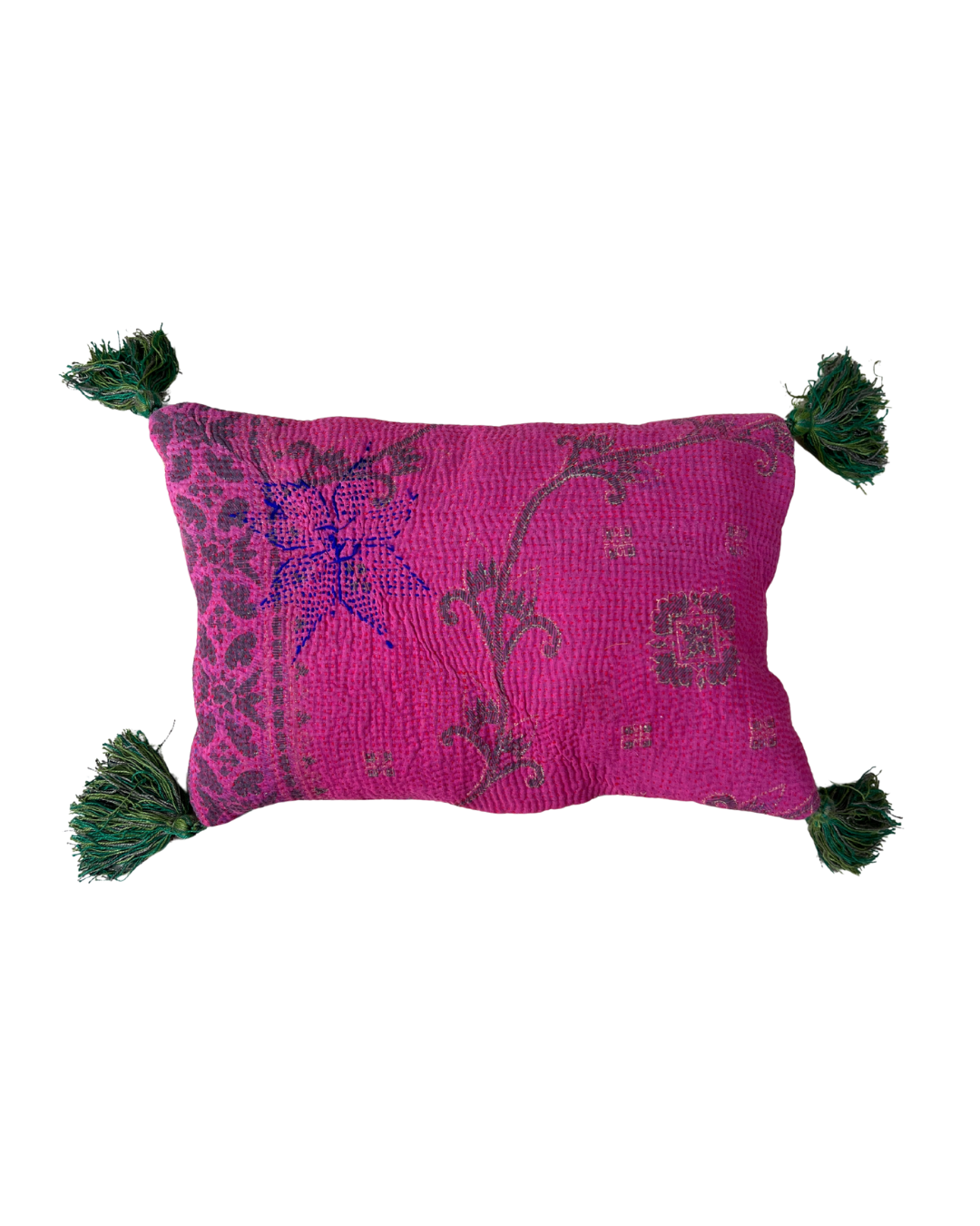 Kantha Lavender Pillow with Tassels - Green Pink