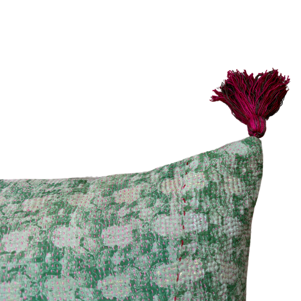 Pink & Green Kantha Cushion with Pink & Green Tassels