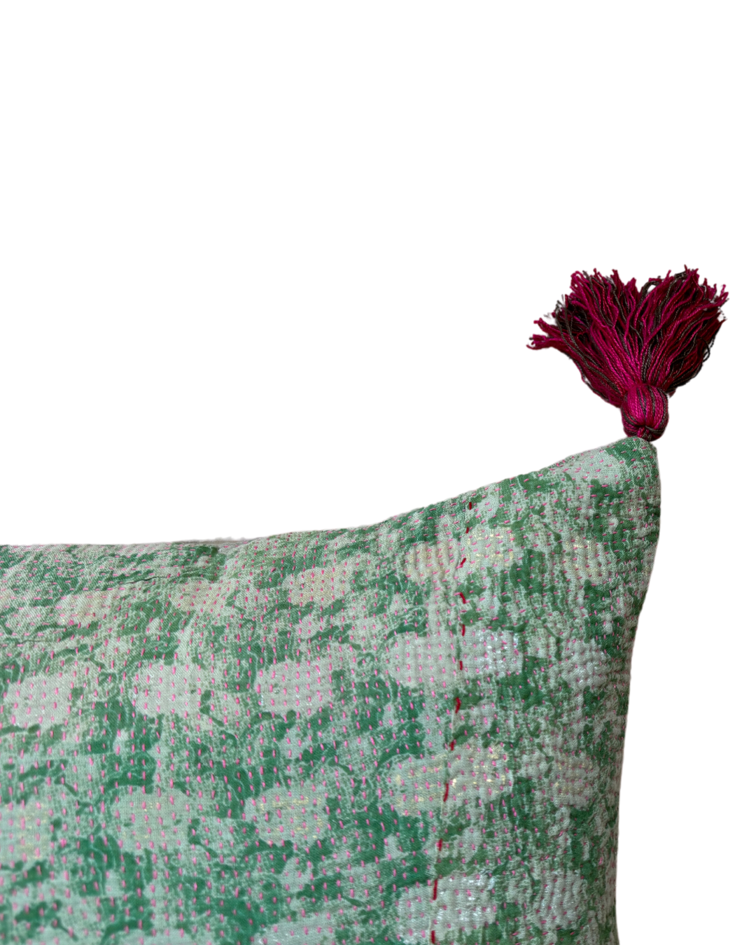 Pink & Green Kantha Cushion with Pink & Green Tassels