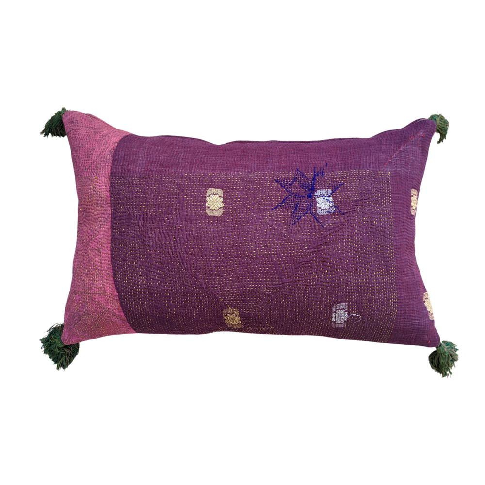 Pink & Purple Kantha Cushion with Green Tassels