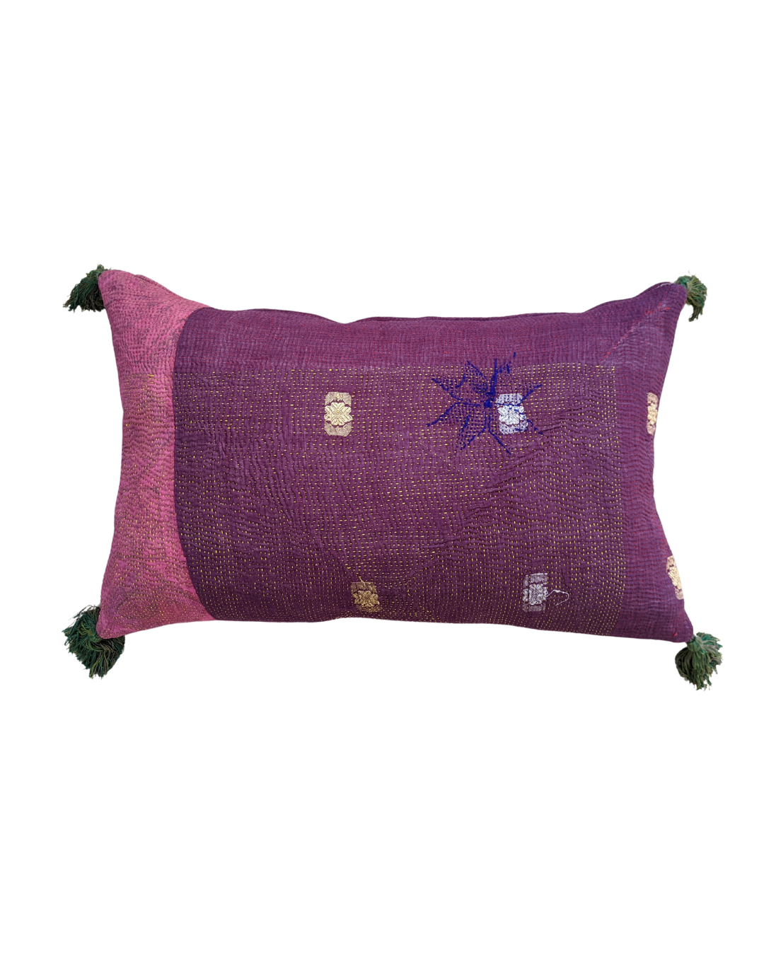 Pink & Purple Kantha Cushion with Green Tassels