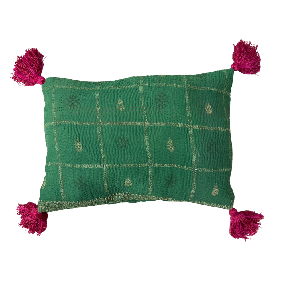 Kantha Lavender Pillow with Tassels - Green Gold
