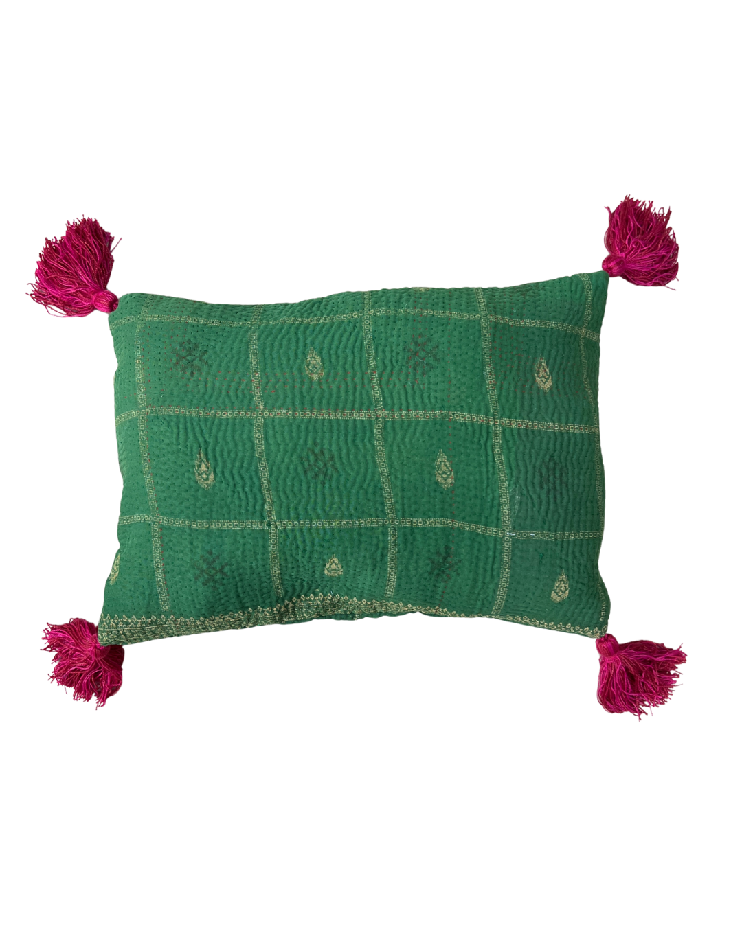 Kantha Lavender Pillow with Tassels - Green Gold