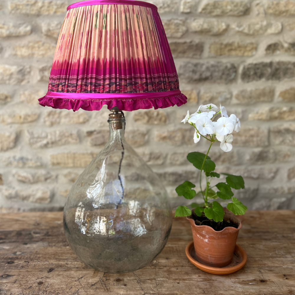 36cm Peach and Pink Frilly Silk Sari Lampshade with Pink Trim