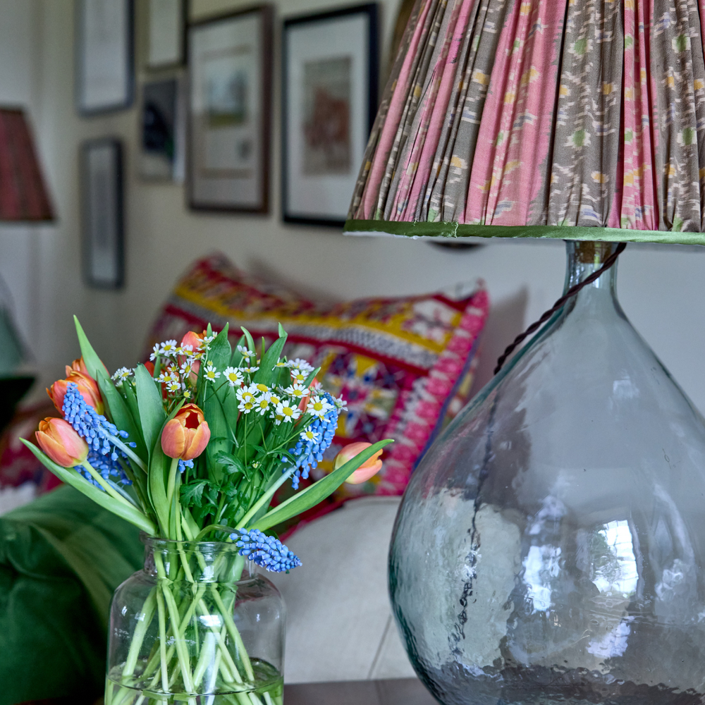 41cm Pink, Brown and Green Silk Sari Lampshade
