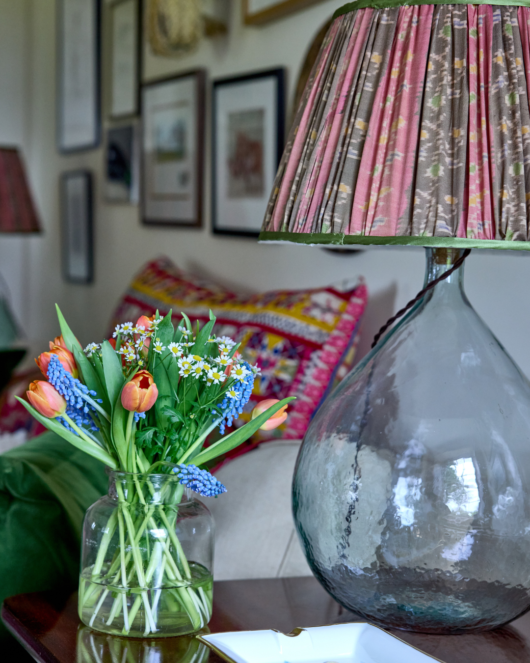 41cm Pink, Brown and Green Silk Sari Lampshade