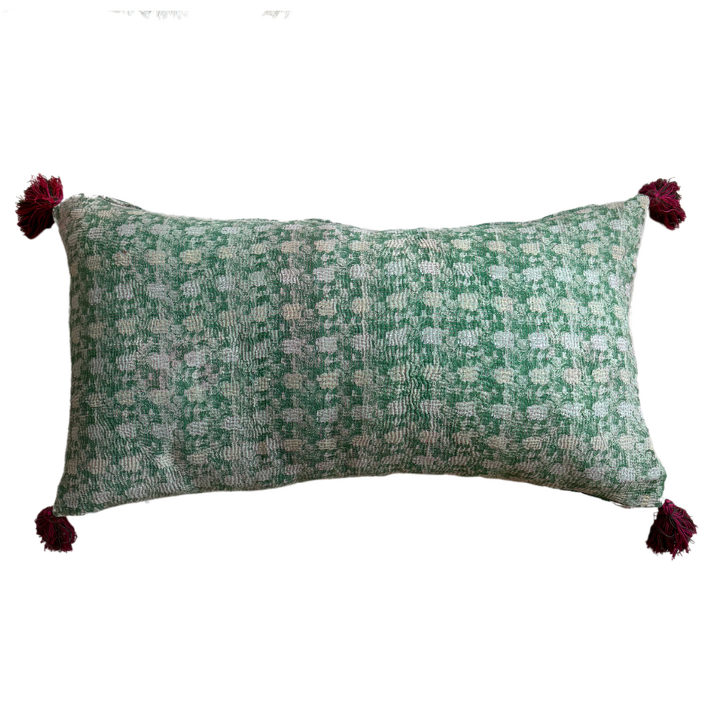 Pink & Green Kantha Cushion with Pink & Green Tassels