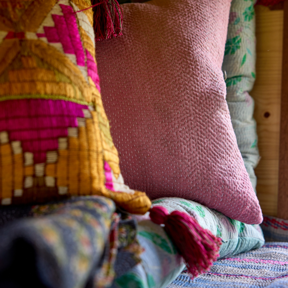 Phulkhari Cushions with Tassels - Pink