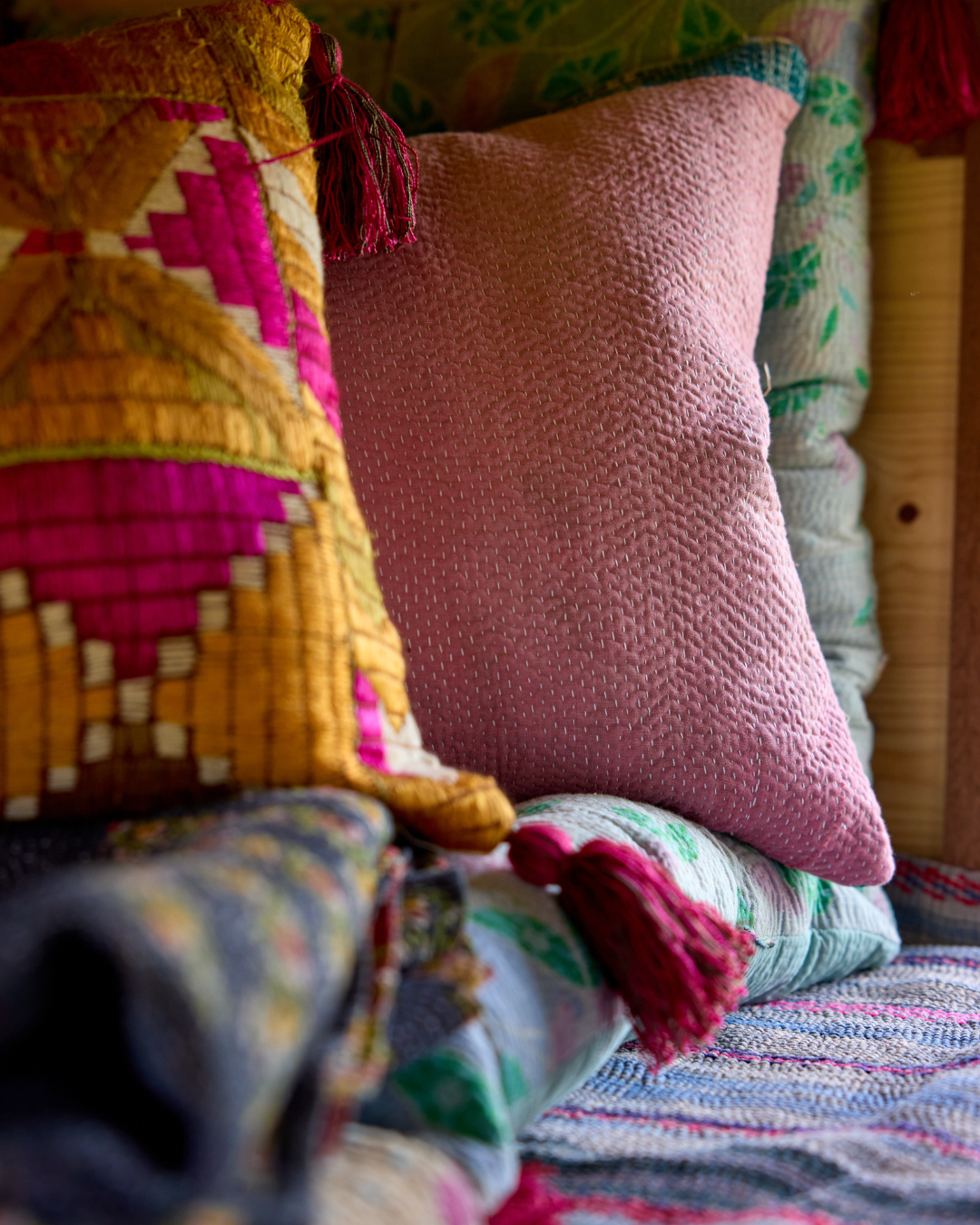 Phulkhari Cushions with Tassels - Pink