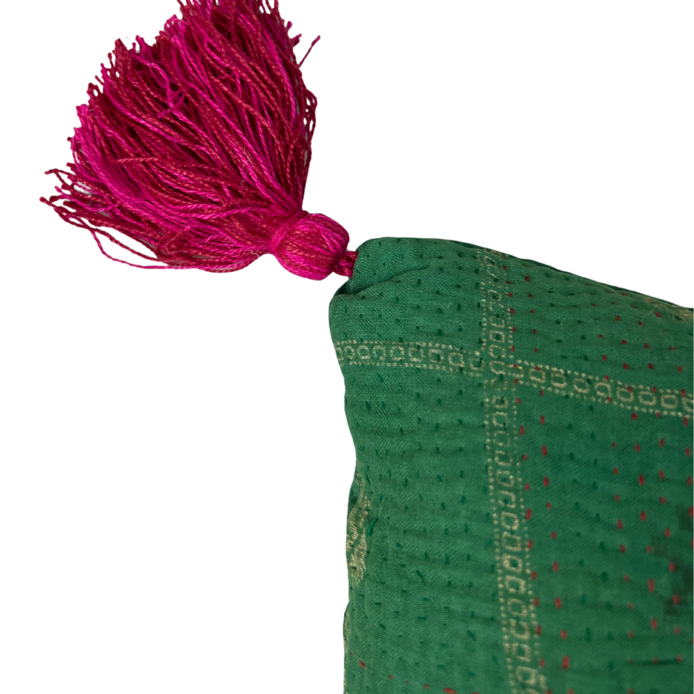 Kantha Lavender Pillow with Tassels - Green Gold