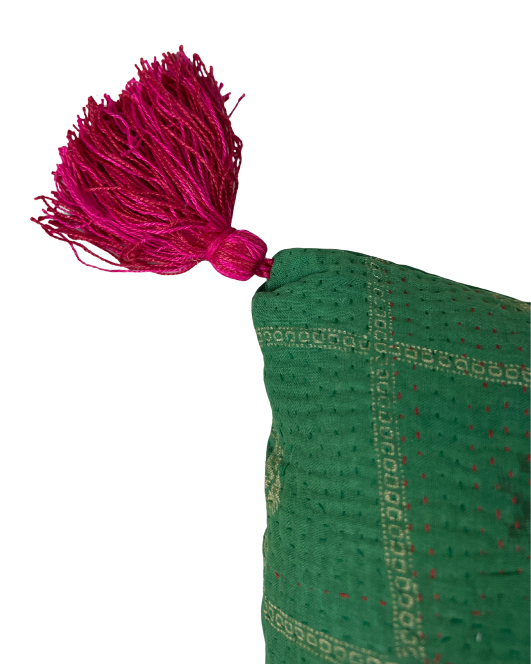 Kantha Lavender Pillow with Tassels - Green Gold