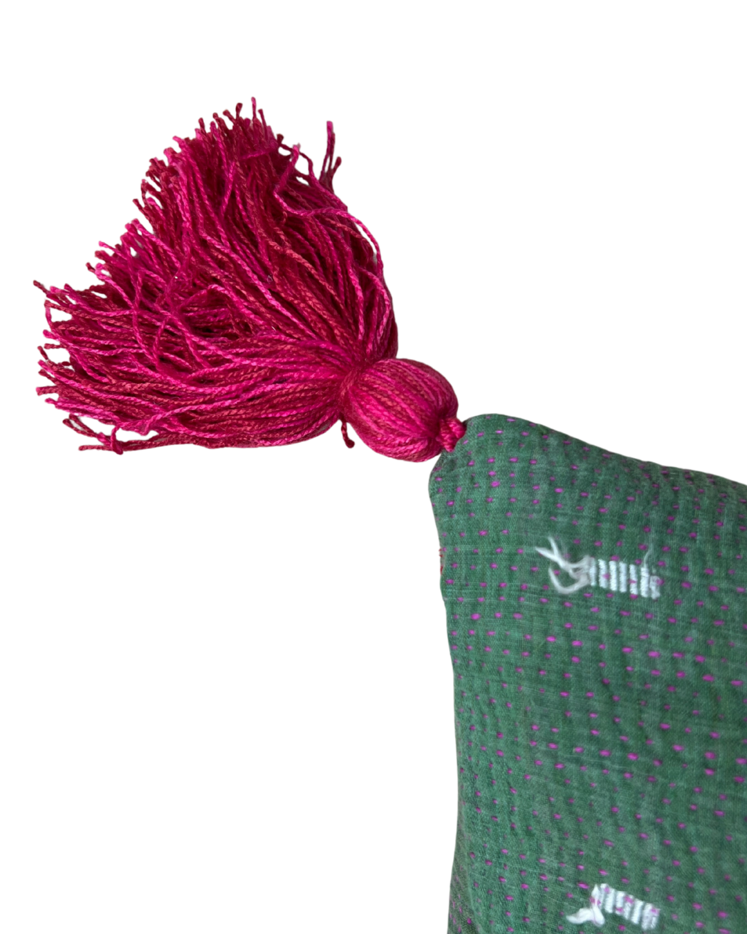Kantha Lavender Pillow with Tassels - Green Cream