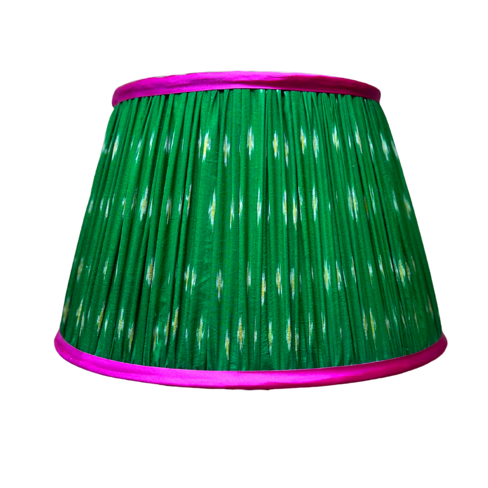 36cm Green Silk Sari Lampshade with Pink Satin Trim