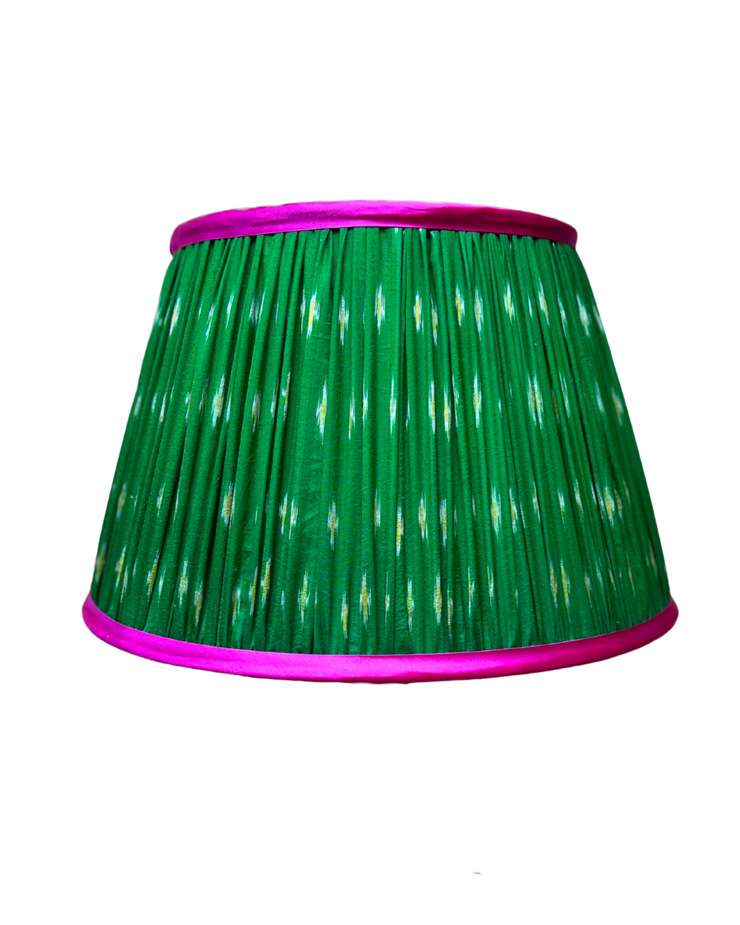 36cm Green Silk Sari Lampshade with Pink Satin Trim
