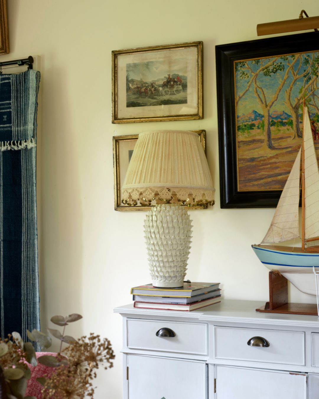 36cm Cream Linen Lampshade with Vintage Indian Trim